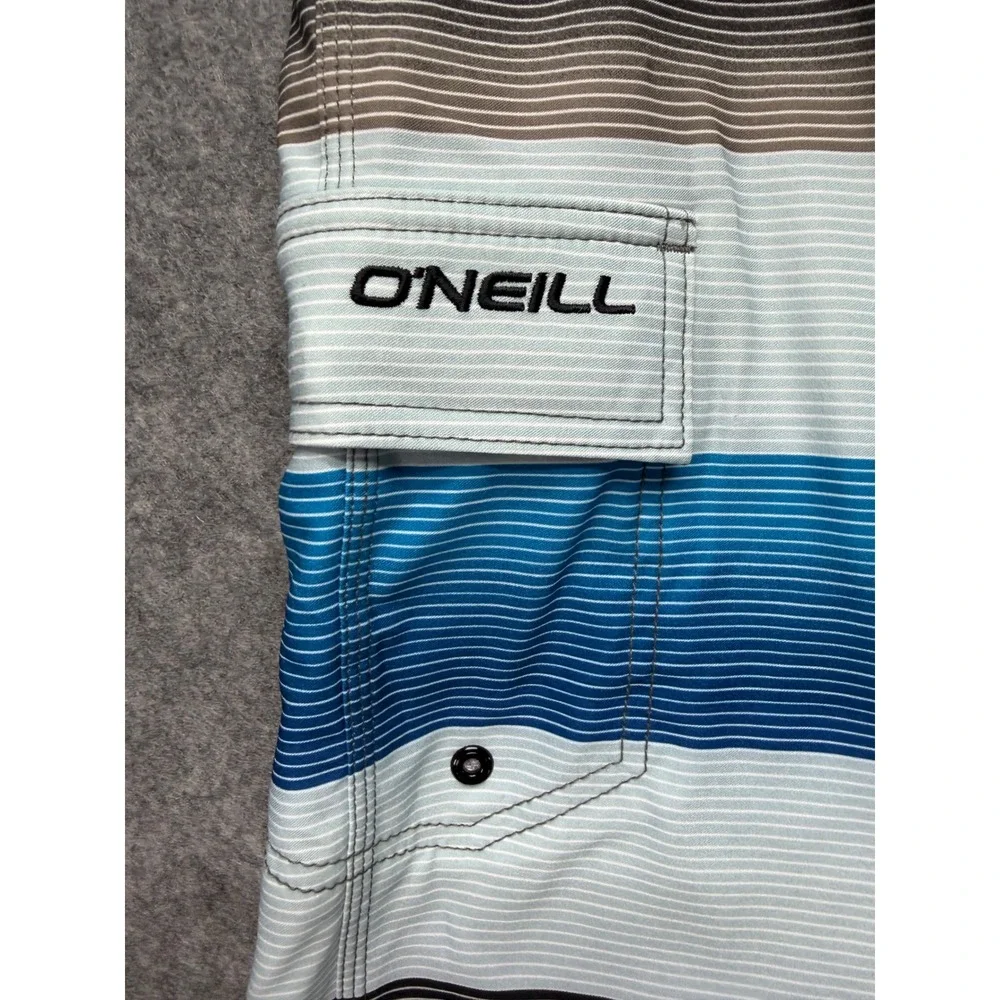 ONeill Hyperfreak Mens Board Shorts Blue Grey Striped Swim Trunks Size 32